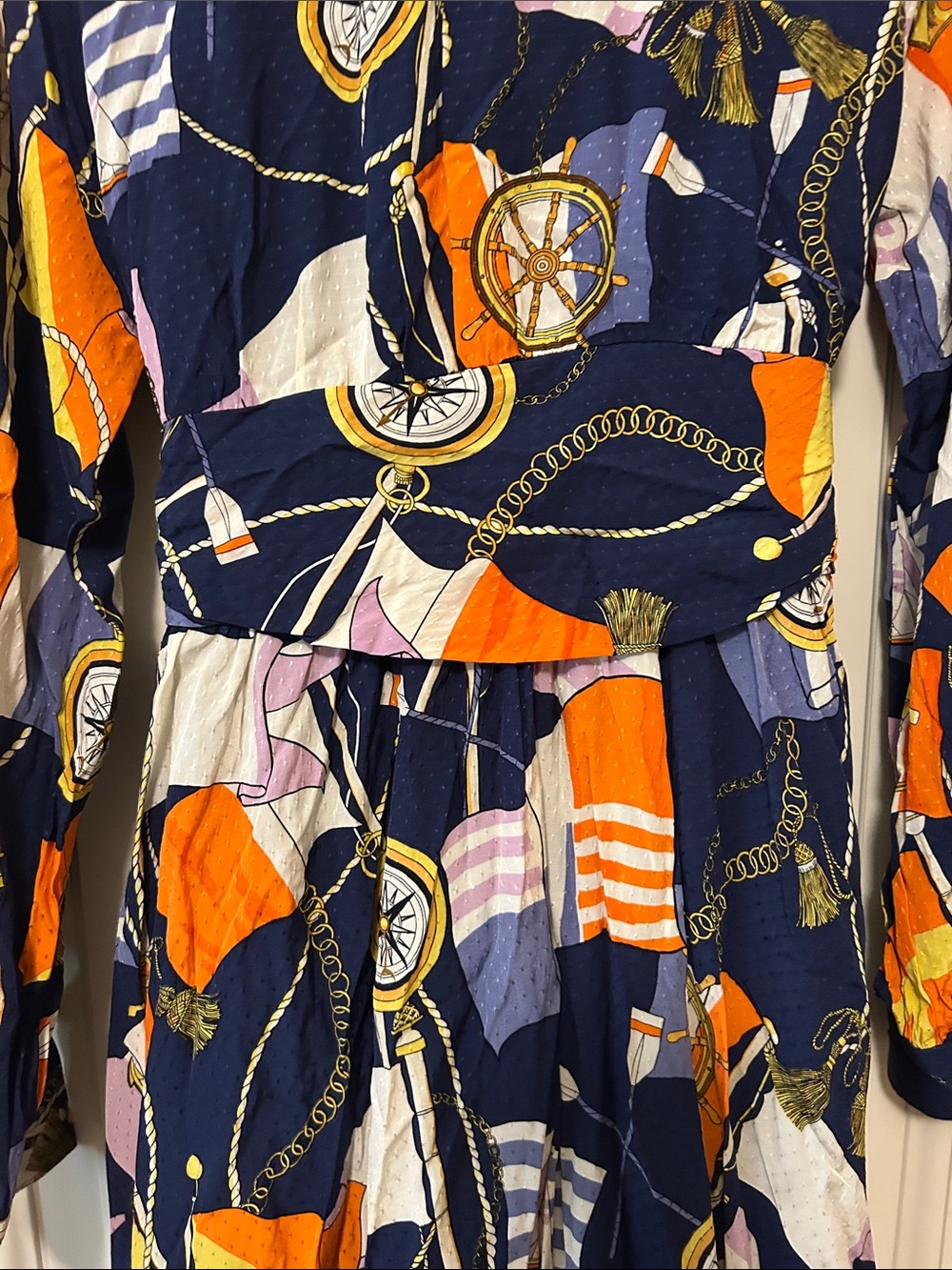 Anthropologie Maeve Navy Shirt Dress with Orange, Purple & Cream Nautical Print - Picture 13 of 16